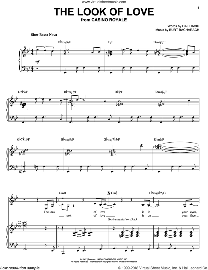 The Look Of Love sheet music for voice, piano or guitar by Diana Krall, Bacharach & David, Dusty Springfield, Isaac Hayes, Sergio Mendes, Burt Bacharach and Hal David, wedding score, intermediate skill level