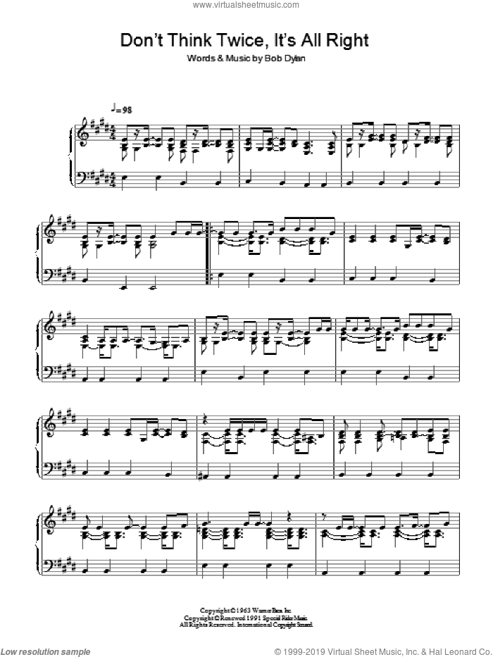 Don't Think Twice, It's All Right sheet music for piano solo by Bob Dylan, intermediate skill level