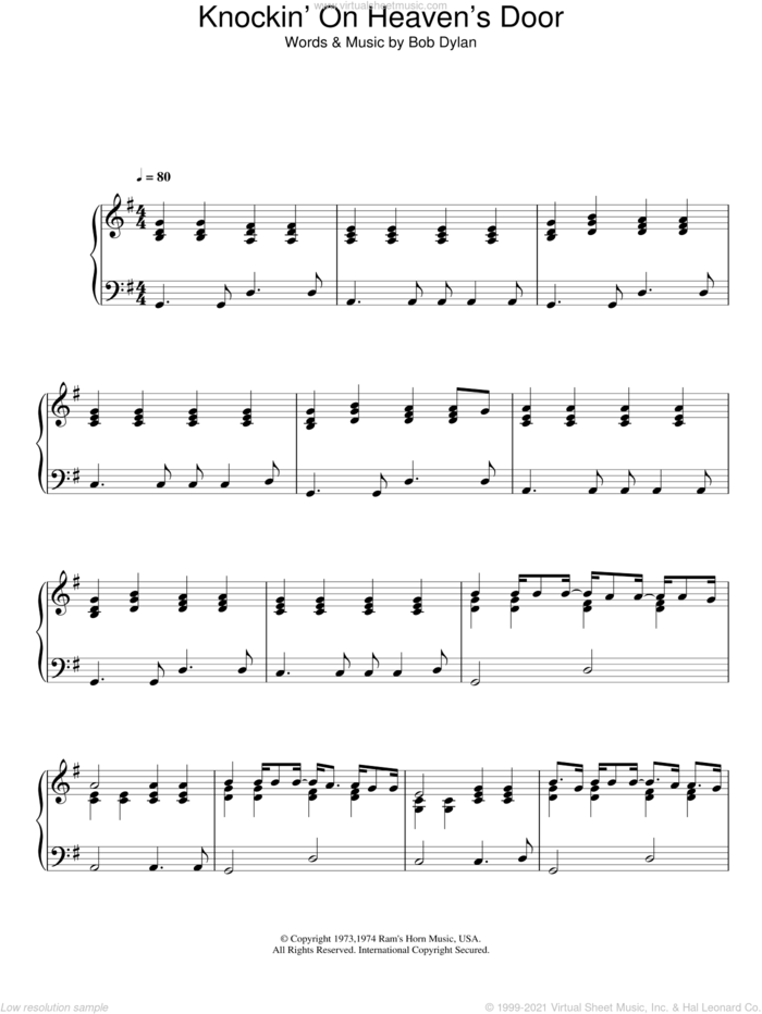 Knockin' On Heaven's Door sheet music for piano solo by Bob Dylan and Eric Clapton, intermediate skill level
