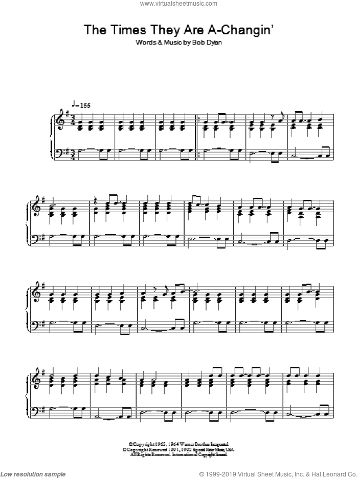 The Times They Are A-Changin' sheet music for piano solo by Bob Dylan, intermediate skill level