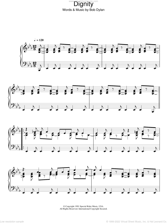 Dignity sheet music for piano solo by Bob Dylan, intermediate skill level