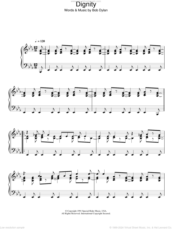 Dignity sheet music for piano solo by Bob Dylan, intermediate skill level