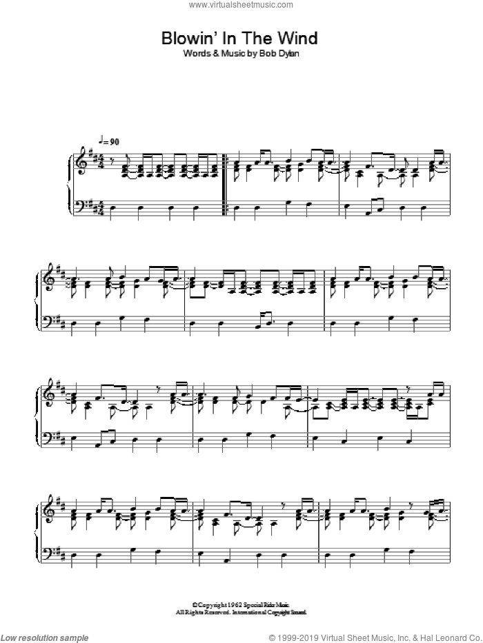 Blowin' In The Wind sheet music for piano solo by Bob Dylan, intermediate skill level