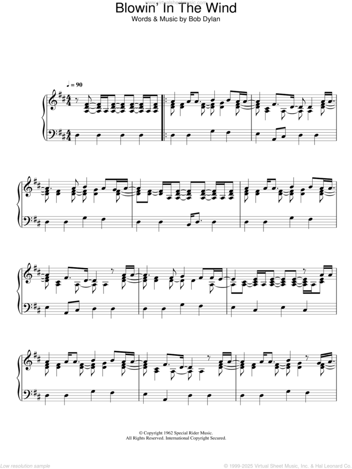 Blowin' In The Wind sheet music for piano solo by Bob Dylan, intermediate skill level