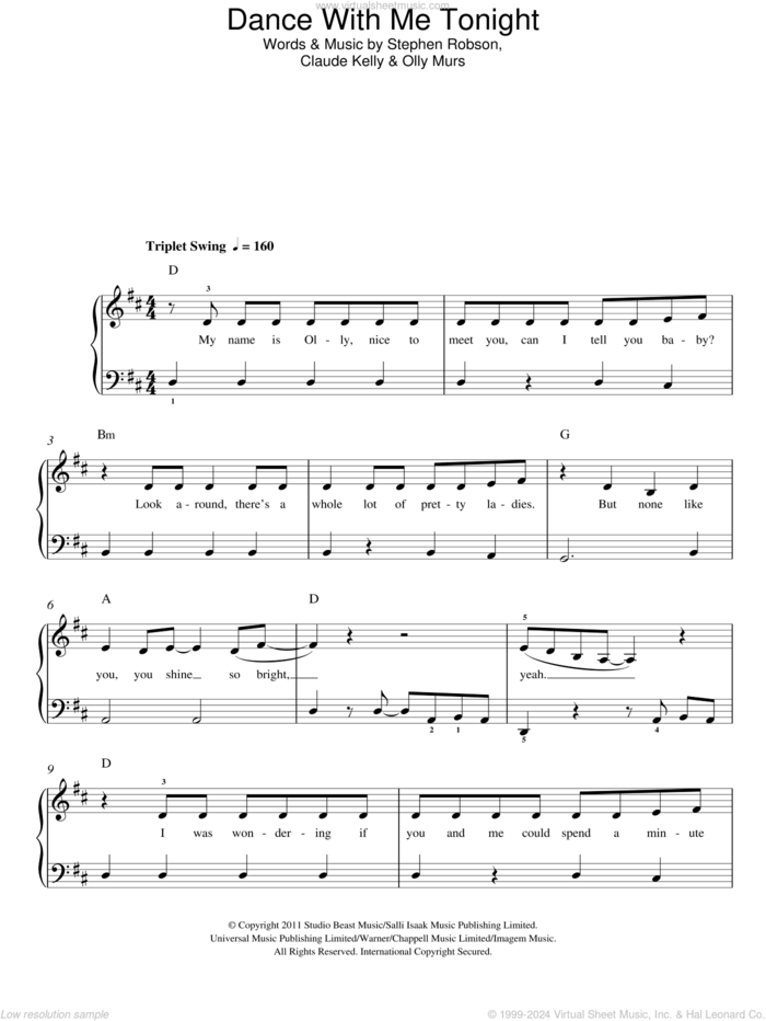 Dance With Me Tonight, (easy) sheet music for piano solo by Olly Murs, Claude Kelly and Steve Robson, easy skill level