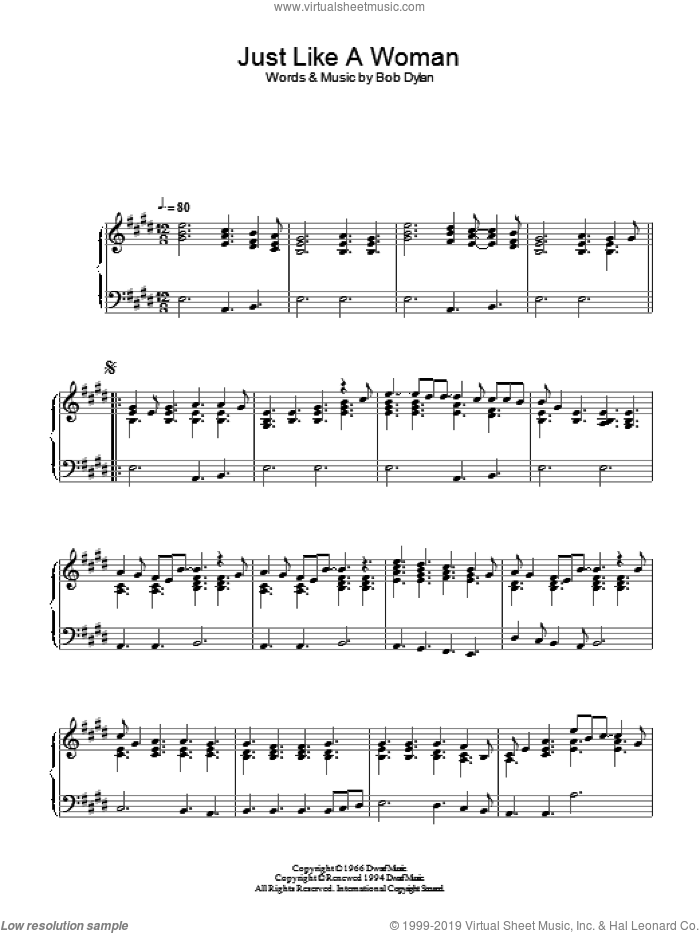 Just Like A Woman, (intermediate) sheet music for piano solo by Bob Dylan, intermediate skill level