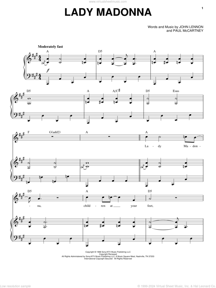 Lady Madonna sheet music for voice and piano by The Beatles, John Lennon and Paul McCartney, intermediate skill level