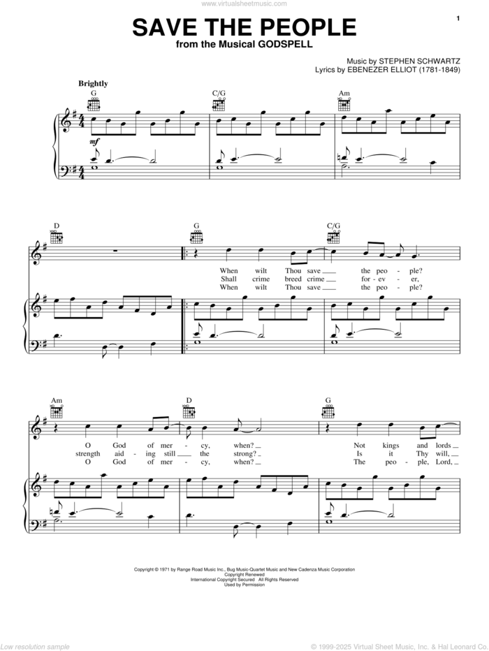 Save The People sheet music for voice, piano or guitar by Stephen Schwartz and Godspell (Musical), intermediate skill level