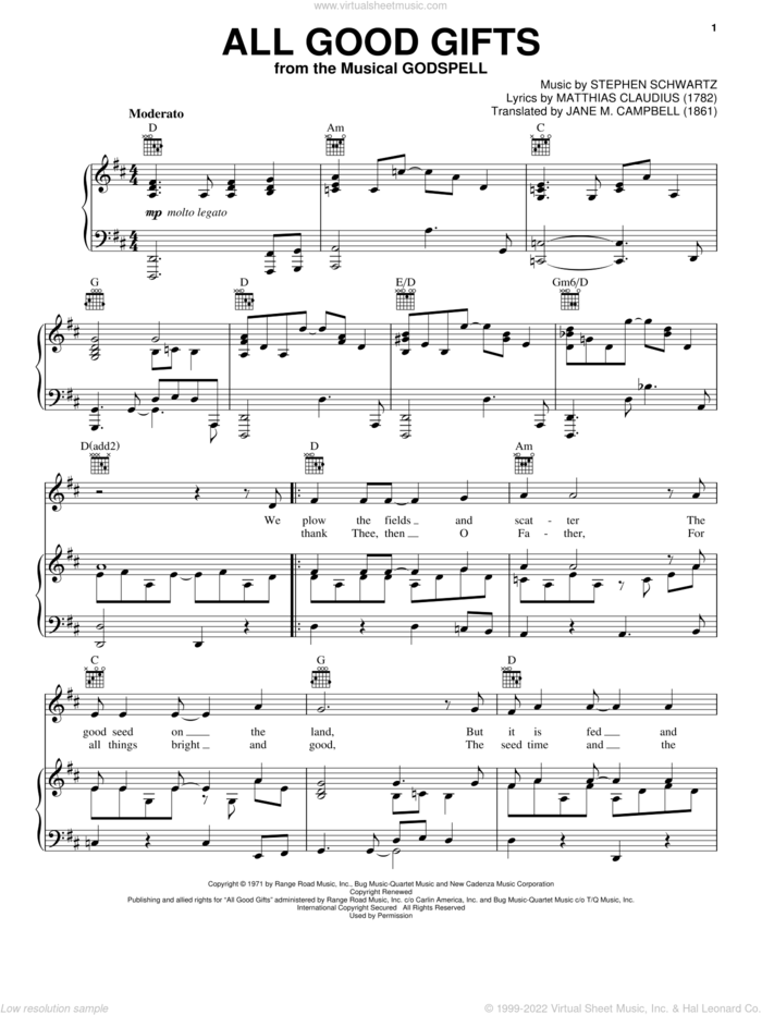 All Good Gifts sheet music for voice, piano or guitar by Stephen Schwartz and Godspell (Musical), intermediate skill level