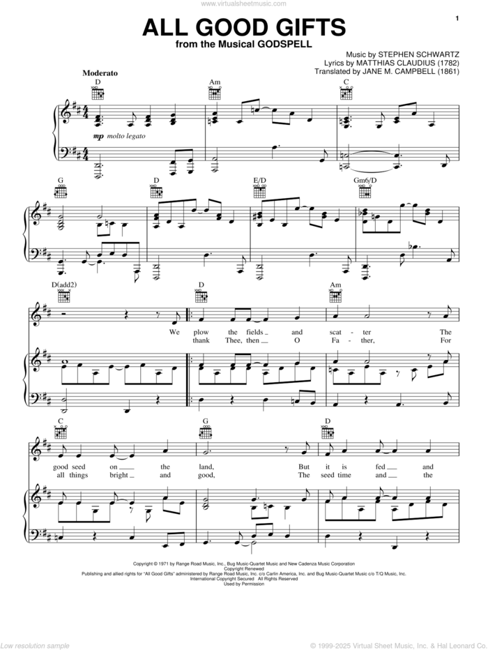 All Good Gifts sheet music for voice, piano or guitar by Stephen Schwartz and Godspell (Musical), intermediate skill level