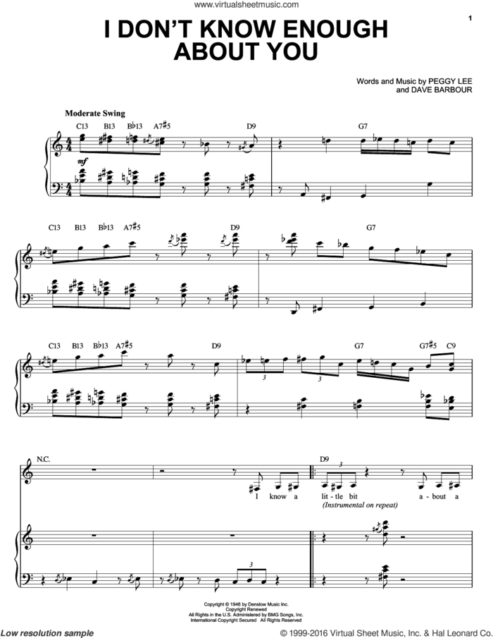 I Don't Know Enough About You sheet music for voice, piano or guitar by Diana Krall, Dave Barbour and Peggy Lee, intermediate skill level