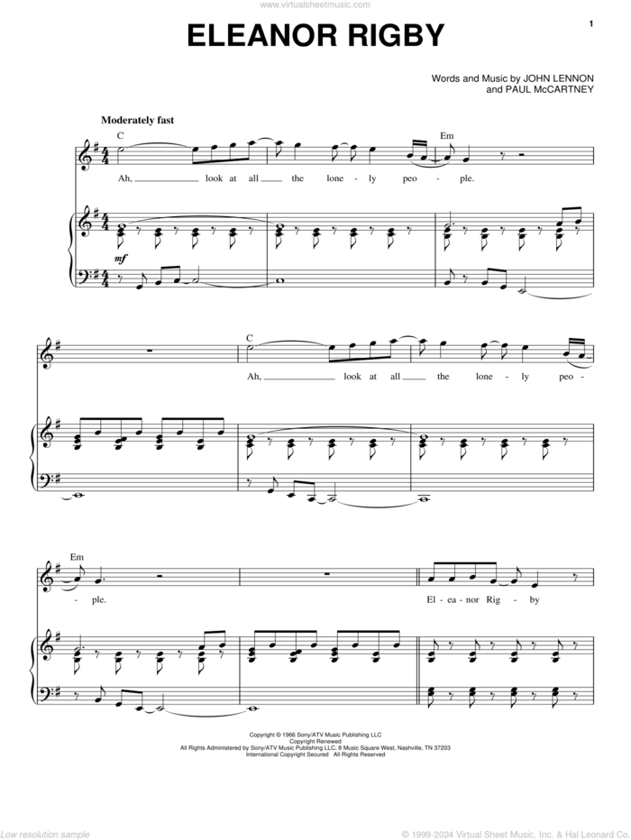 Eleanor Rigby sheet music for voice and piano by The Beatles, John Lennon and Paul McCartney, intermediate skill level