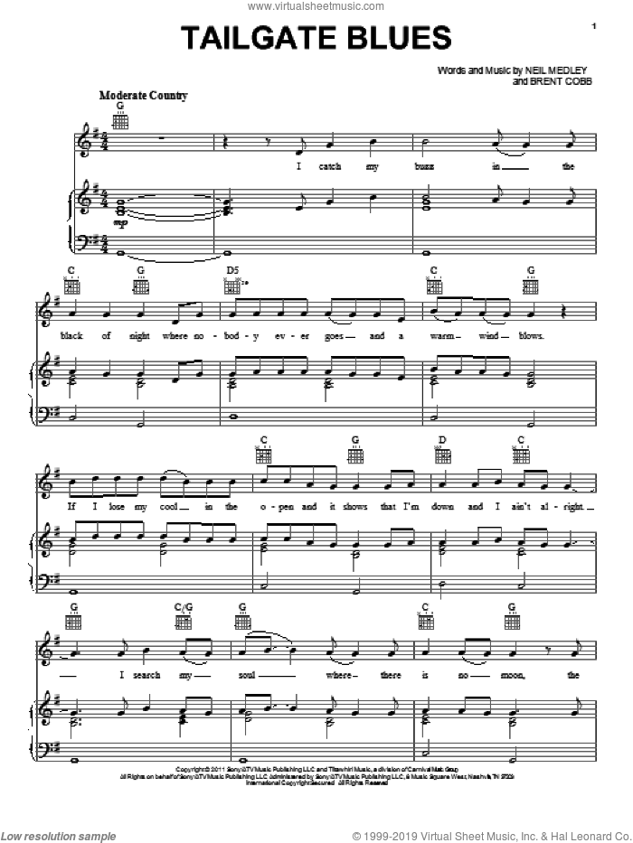 Tailgate Blues sheet music for voice, piano or guitar by Luke Bryan, Brent Cobb and Neil Medley, intermediate skill level