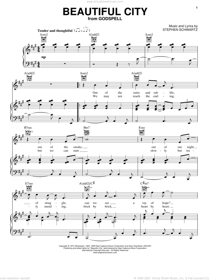 Beautiful City sheet music for voice, piano or guitar by Stephen Schwartz and Godspell (Musical), intermediate skill level