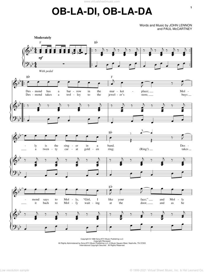 Ob-La-Di, Ob-La-Da sheet music for voice and piano by The Beatles, John Lennon and Paul McCartney, intermediate skill level