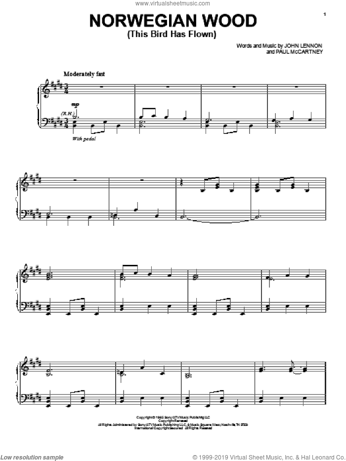 Norwegian Wood (This Bird Has Flown) sheet music for voice and piano by The Beatles, John Lennon and Paul McCartney, intermediate skill level