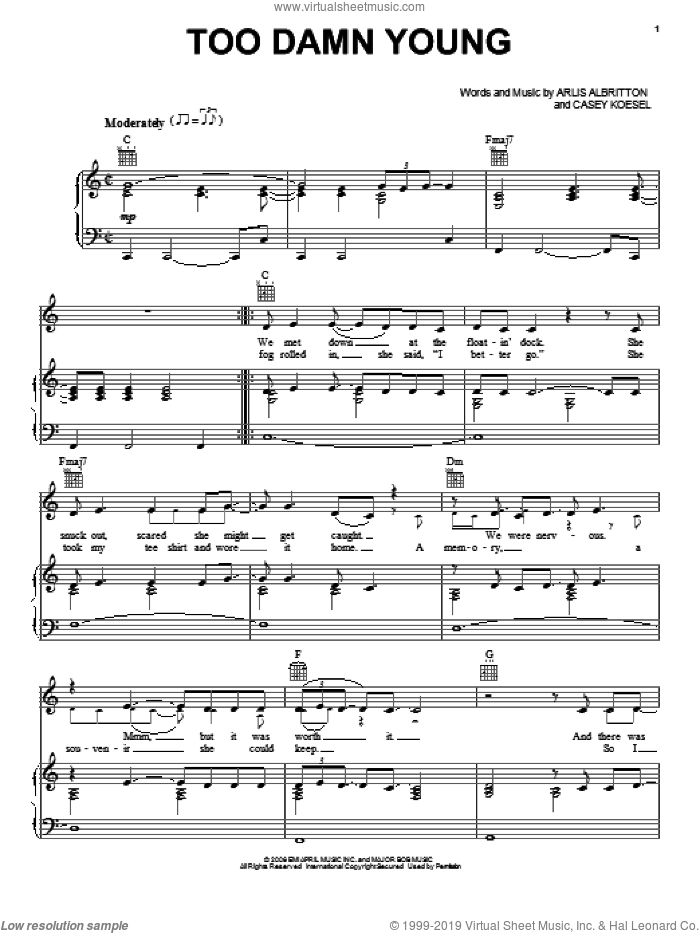 Too Damn Young sheet music for voice, piano or guitar by Luke Bryan, Arlis Albritton and Casey Koesel, intermediate skill level