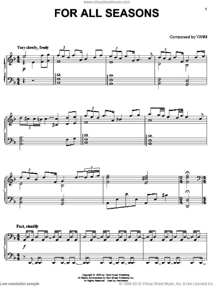 For All Seasons sheet music for piano solo by Yanni, intermediate skill level