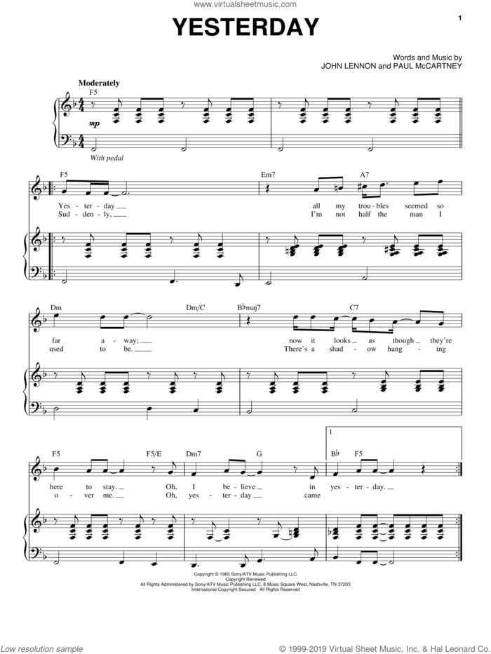 Yesterday sheet music for voice and piano by The Beatles, John Lennon and Paul McCartney, intermediate skill level