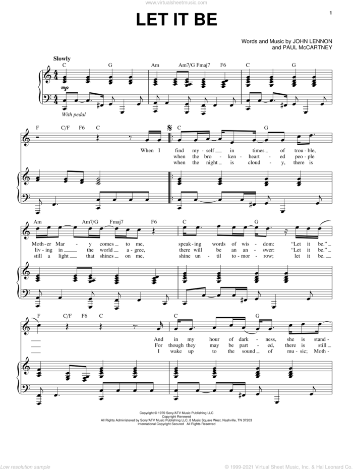 Let It Be sheet music for voice and piano by The Beatles, John Lennon and Paul McCartney, intermediate skill level