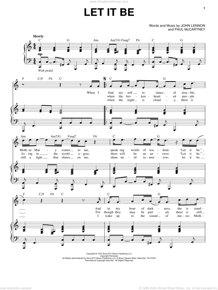 Let It Be sheet music for voice and piano by The Beatles, John Lennon and Paul McCartney, intermediate skill level