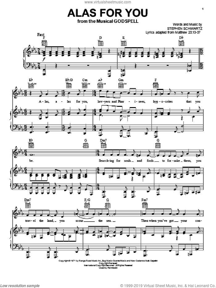 Alas For You sheet music for voice, piano or guitar by Stephen Schwartz and Godspell (Musical), intermediate skill level