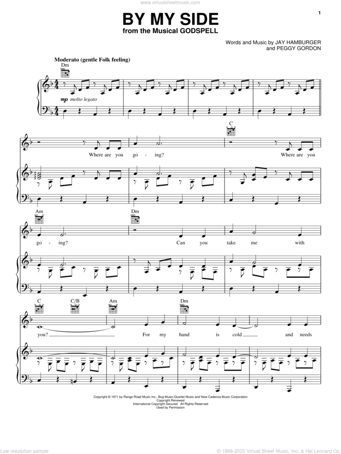 By My Side sheet music for voice, piano or guitar by Stephen Schwartz, Godspell (Musical), Jay Hamburger and Peggy Gordon, intermediate skill level