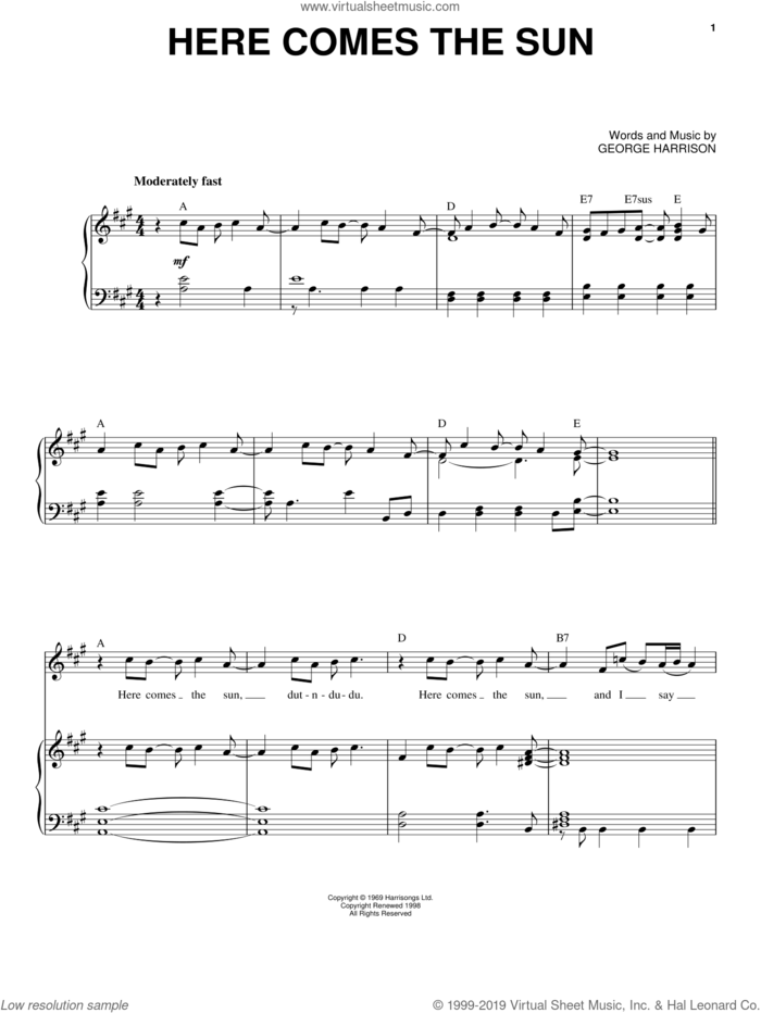 Here Comes The Sun sheet music for voice and piano by The Beatles, George Harrison, John Lennon and Paul McCartney, intermediate skill level