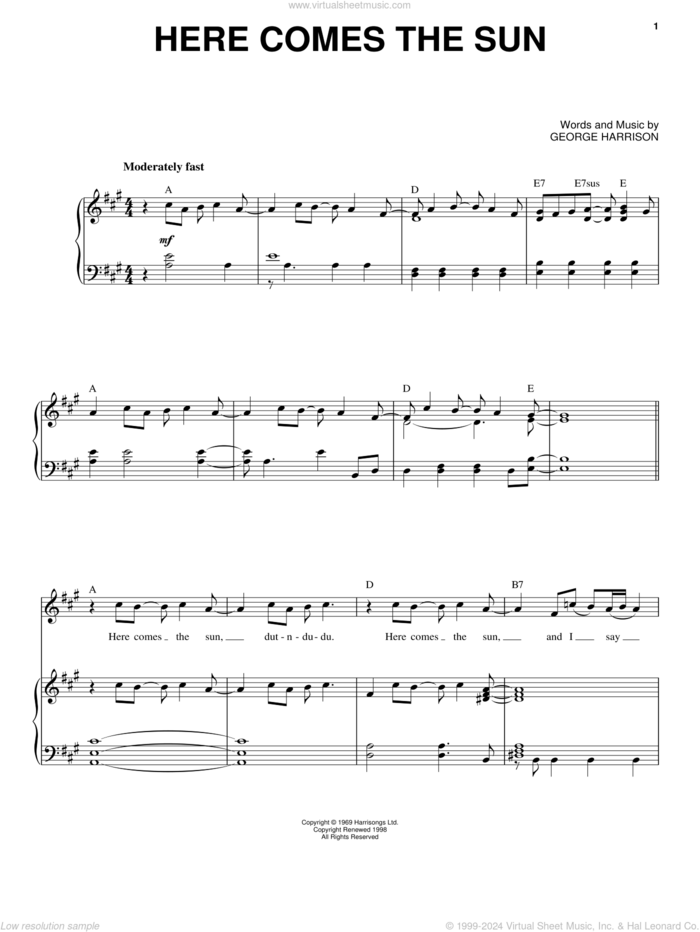 Here Comes The Sun sheet music for voice and piano by The Beatles, George Harrison, John Lennon and Paul McCartney, intermediate skill level