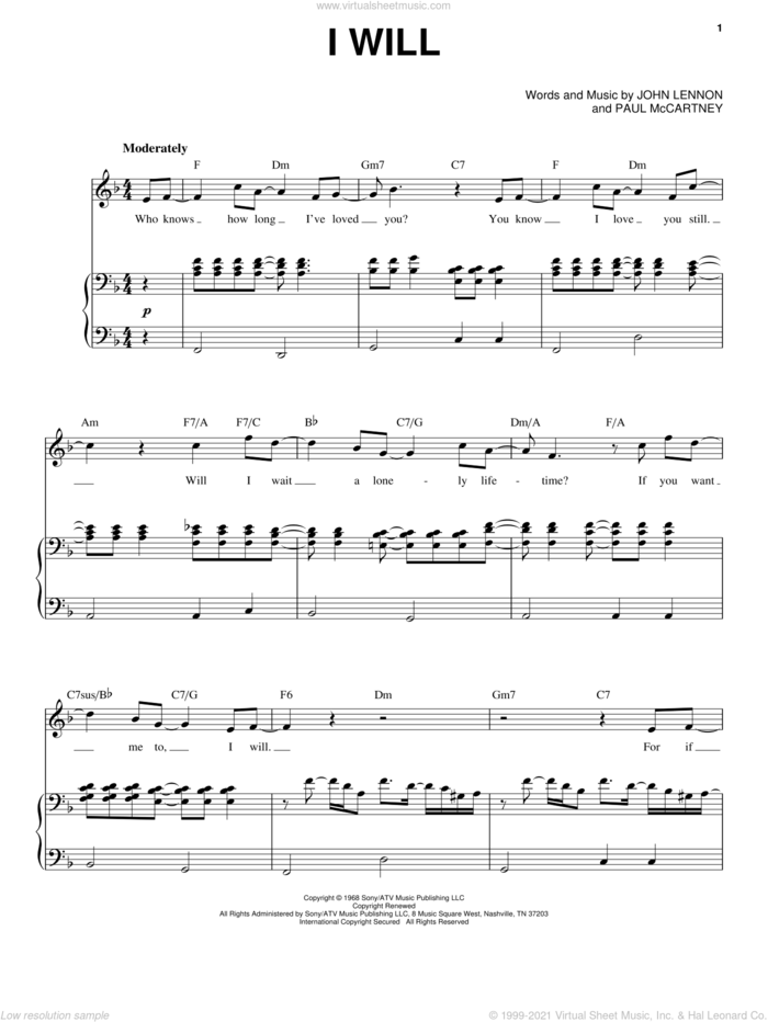 I Will sheet music for voice and piano by The Beatles, John Lennon and Paul McCartney, intermediate skill level