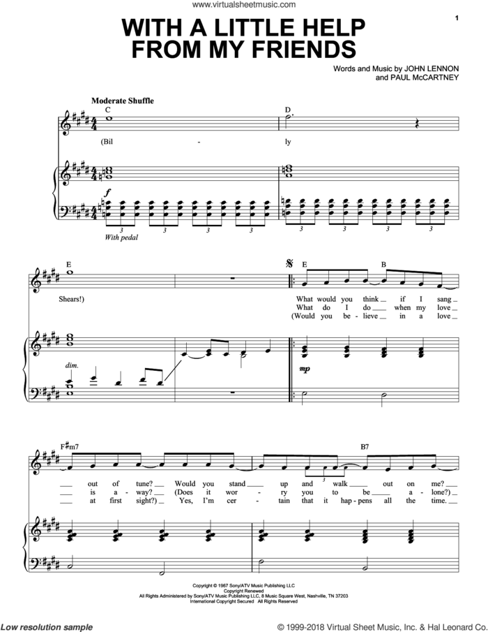 With A Little Help From My Friends sheet music for voice and piano by The Beatles, John Lennon and Paul McCartney, intermediate skill level