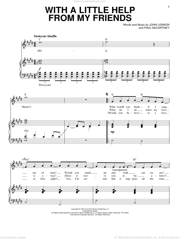 With A Little Help From My Friends sheet music for voice and piano by The Beatles, John Lennon and Paul McCartney, intermediate skill level