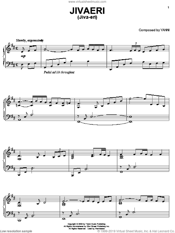 Jivaeri (Jiva-eri) sheet music for piano solo by Yanni, intermediate skill level