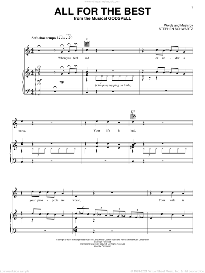 All For The Best sheet music for voice, piano or guitar by Stephen Schwartz and Godspell (Musical), intermediate skill level