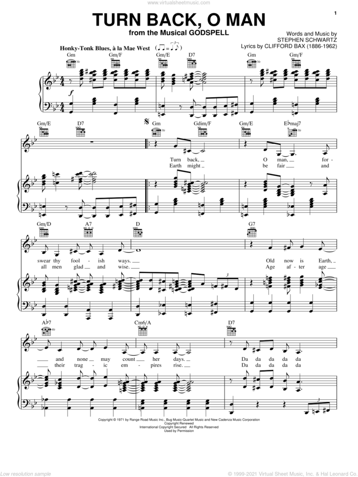 Turn Back, O Man sheet music for voice, piano or guitar by Stephen Schwartz and Godspell (Musical), intermediate skill level
