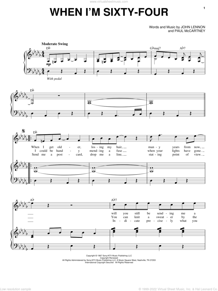When I'm Sixty-Four sheet music for voice and piano by The Beatles, John Lennon and Paul McCartney, intermediate skill level
