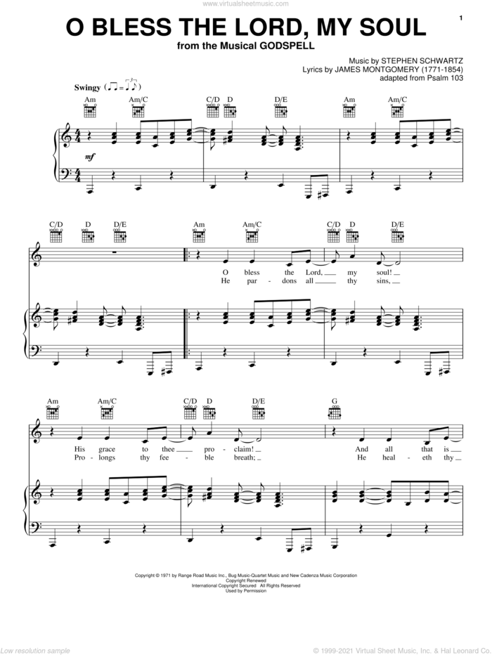 O Bless The Lord, My Soul sheet music for voice, piano or guitar by Stephen Schwartz and Godspell (Musical), intermediate skill level