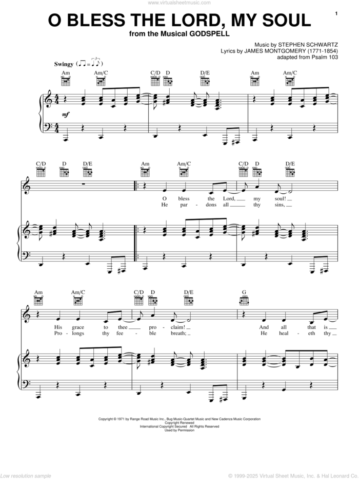 O Bless The Lord, My Soul sheet music for voice, piano or guitar by Stephen Schwartz and Godspell (Musical), intermediate skill level