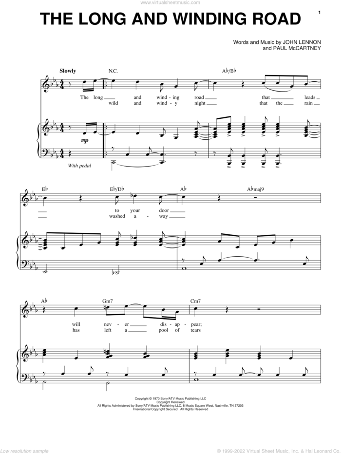 The Long And Winding Road sheet music for voice and piano by The Beatles, John Lennon and Paul McCartney, intermediate skill level