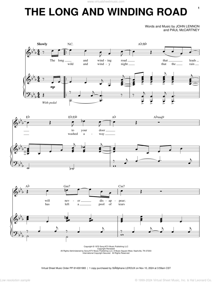 The Long And Winding Road sheet music for voice and piano by The Beatles, John Lennon and Paul McCartney, intermediate skill level