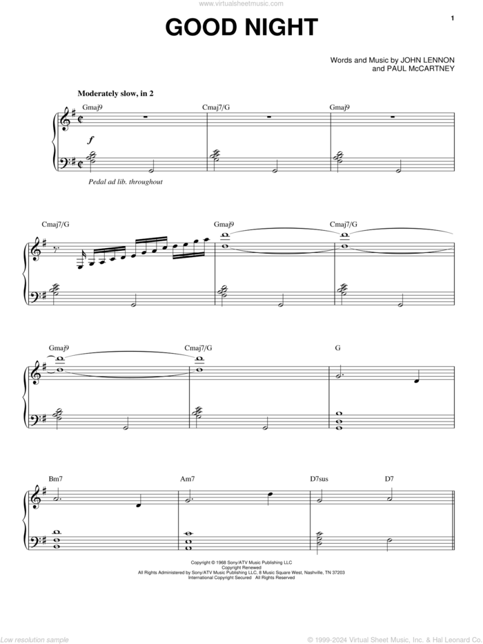 Good Night sheet music for voice and piano by The Beatles, John Lennon and Paul McCartney, intermediate skill level