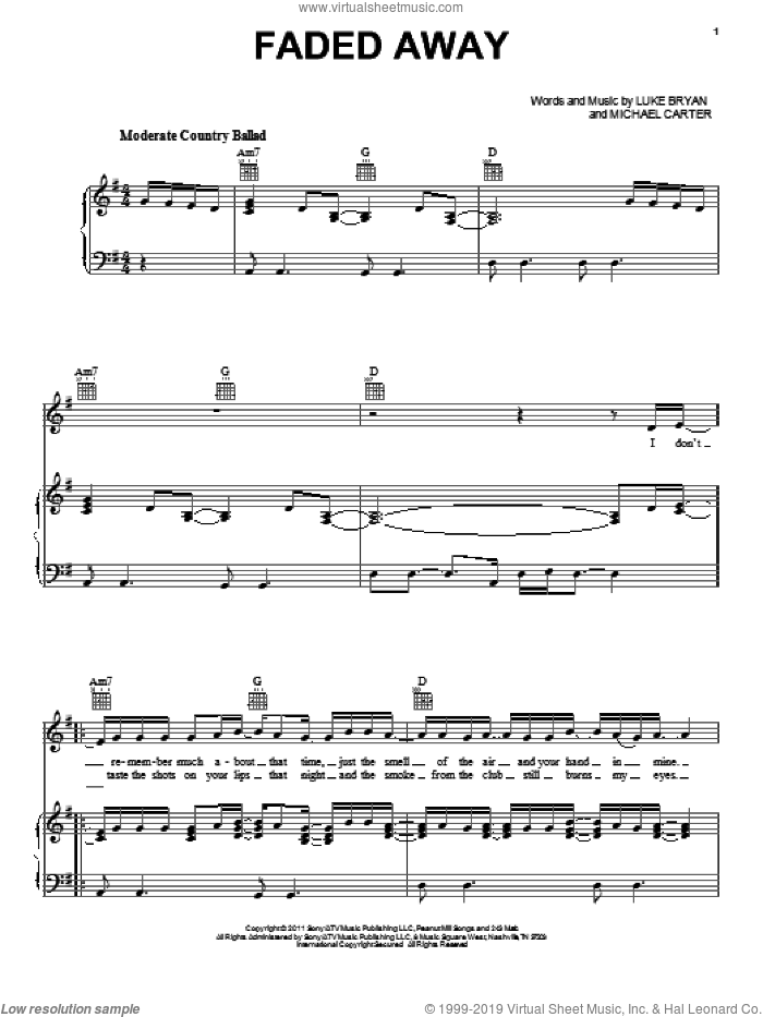 Faded Away sheet music for voice, piano or guitar by Luke Bryan and Michael Carter, intermediate skill level