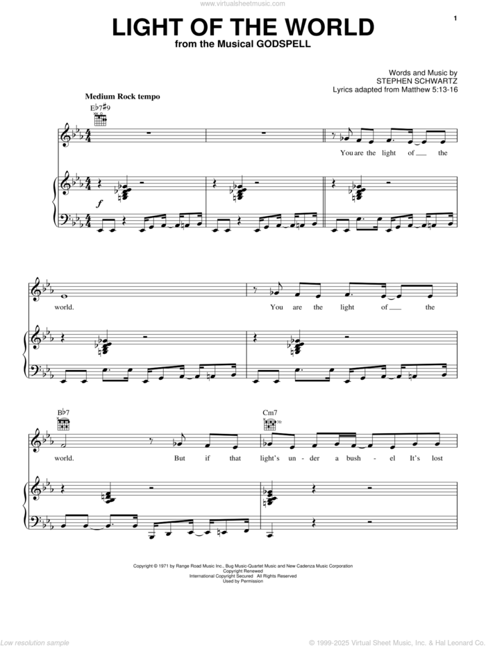 Light Of The World sheet music for voice, piano or guitar by Stephen Schwartz and Godspell (Musical), intermediate skill level