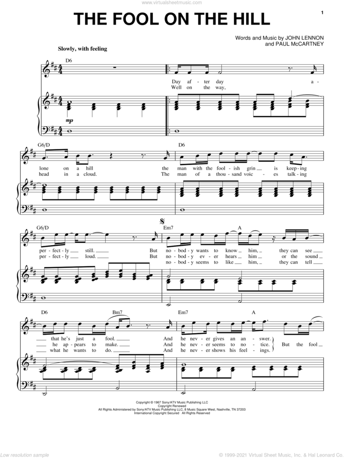 The Fool On The Hill sheet music for voice and piano by The Beatles, John Lennon and Paul McCartney, intermediate skill level