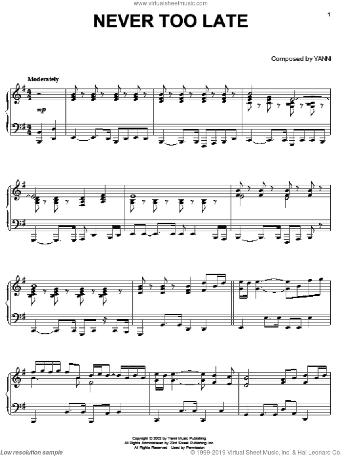 Never Too Late sheet music for piano solo by Yanni, intermediate skill level
