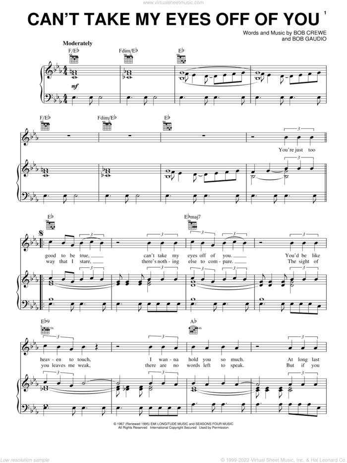 Can't Take My Eyes Off Of You (from Jersey Boys) sheet music for voice, piano or guitar by Frankie Valli & The Four Seasons, Frankie Valli, Jersey Boys (Musical), The Four Seasons, Bob Crewe and Bob Gaudio, wedding score, intermediate skill level