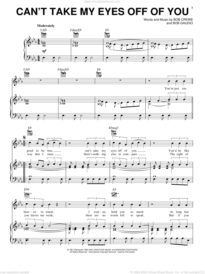 Can't Take My Eyes Off Of You (from Jersey Boys) sheet music for voice, piano or guitar by Frankie Valli & The Four Seasons, Frankie Valli, Jersey Boys (Musical), The Four Seasons, Bob Crewe and Bob Gaudio, wedding score, intermediate skill level