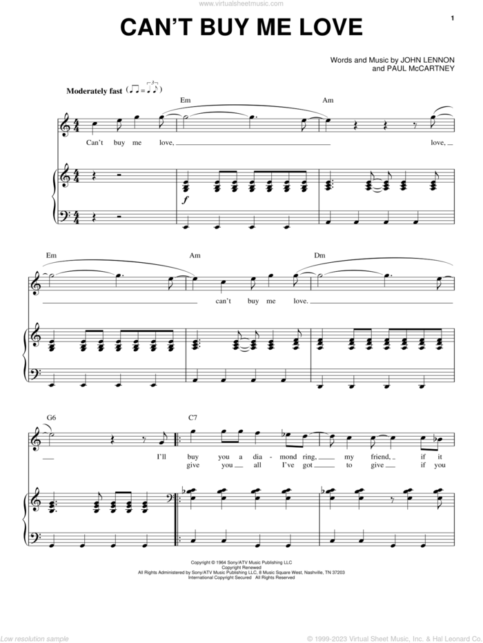 Can't Buy Me Love sheet music for voice and piano by The Beatles, John Lennon and Paul McCartney, intermediate skill level