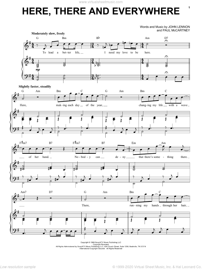 Here, There And Everywhere sheet music for voice and piano by The Beatles, John Lennon and Paul McCartney, wedding score, intermediate skill level