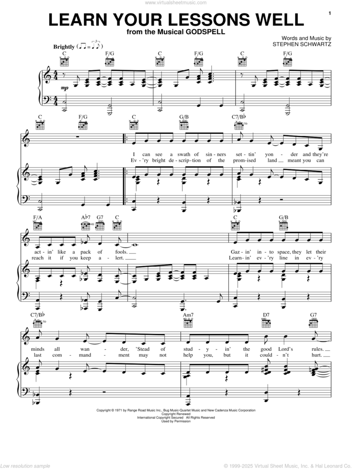 Learn Your Lessons Well sheet music for voice, piano or guitar by Stephen Schwartz and Godspell (Musical), intermediate skill level